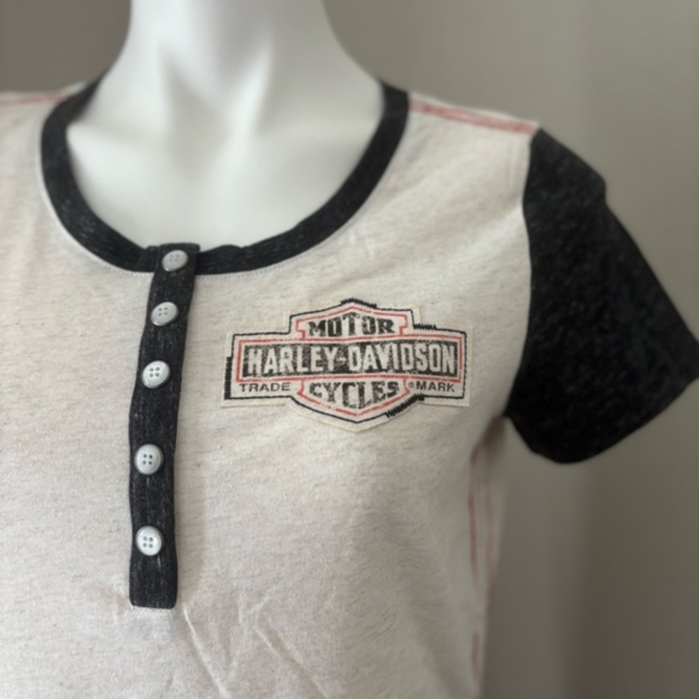 Harley Davidson Henley‎ Raglan Sleeve Short Sleeve T Shirt Heather Cream Black M